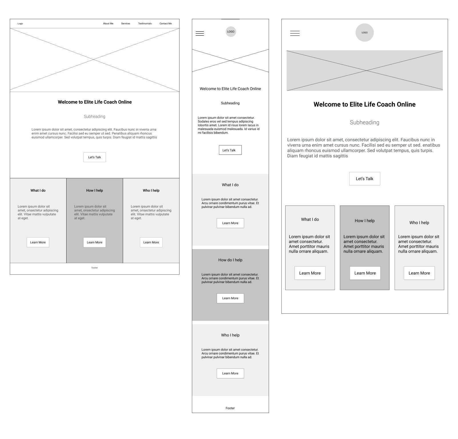 Home page mid-fi on desktop, mobile, and tablet